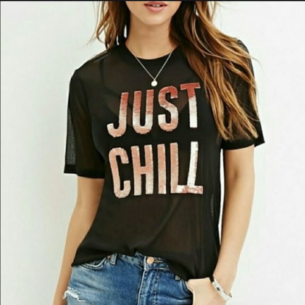 Forever 21 Just Chill Mesh Shirt Sequins S 2600X - Picture 1 of 5